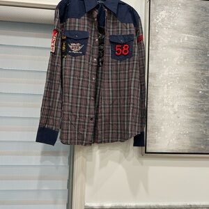 Christian Audigier Navy Logo Button-Up Shirt size L